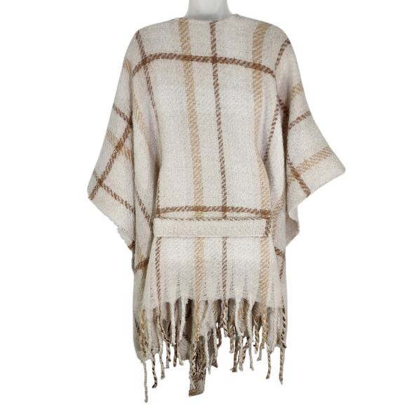 Liz Claiborne Belted Poncho Wrap Womens One Size OS Fringe Plaid Neutral Ivory - Picture 2 of 12